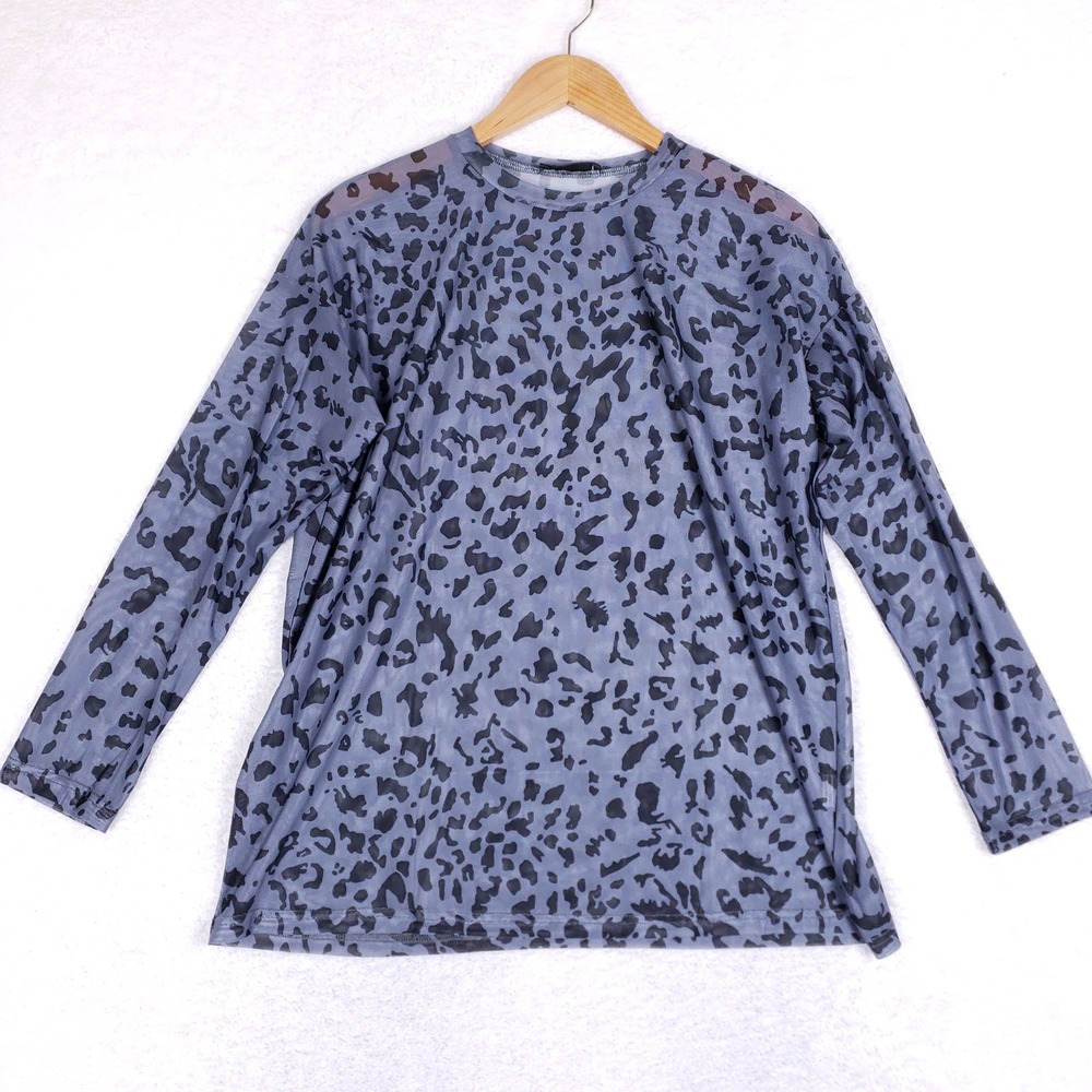 DAZY Womens Blue Leopard Print Sheer Mesh Long Sleeve Top Crew Neck Size S